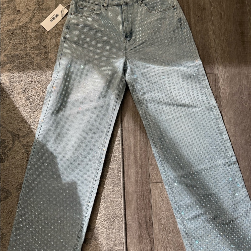 RAINBOW DIAMANTÉ BLUE WIDE LEG SPARKLE COVERED JEANS / Light Blue / Wide Leg